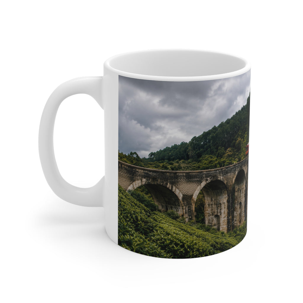 Scenic Viaduct Train Ceramic Mug – Vintage Red Engine on Mountain Bridge (11oz/15oz)