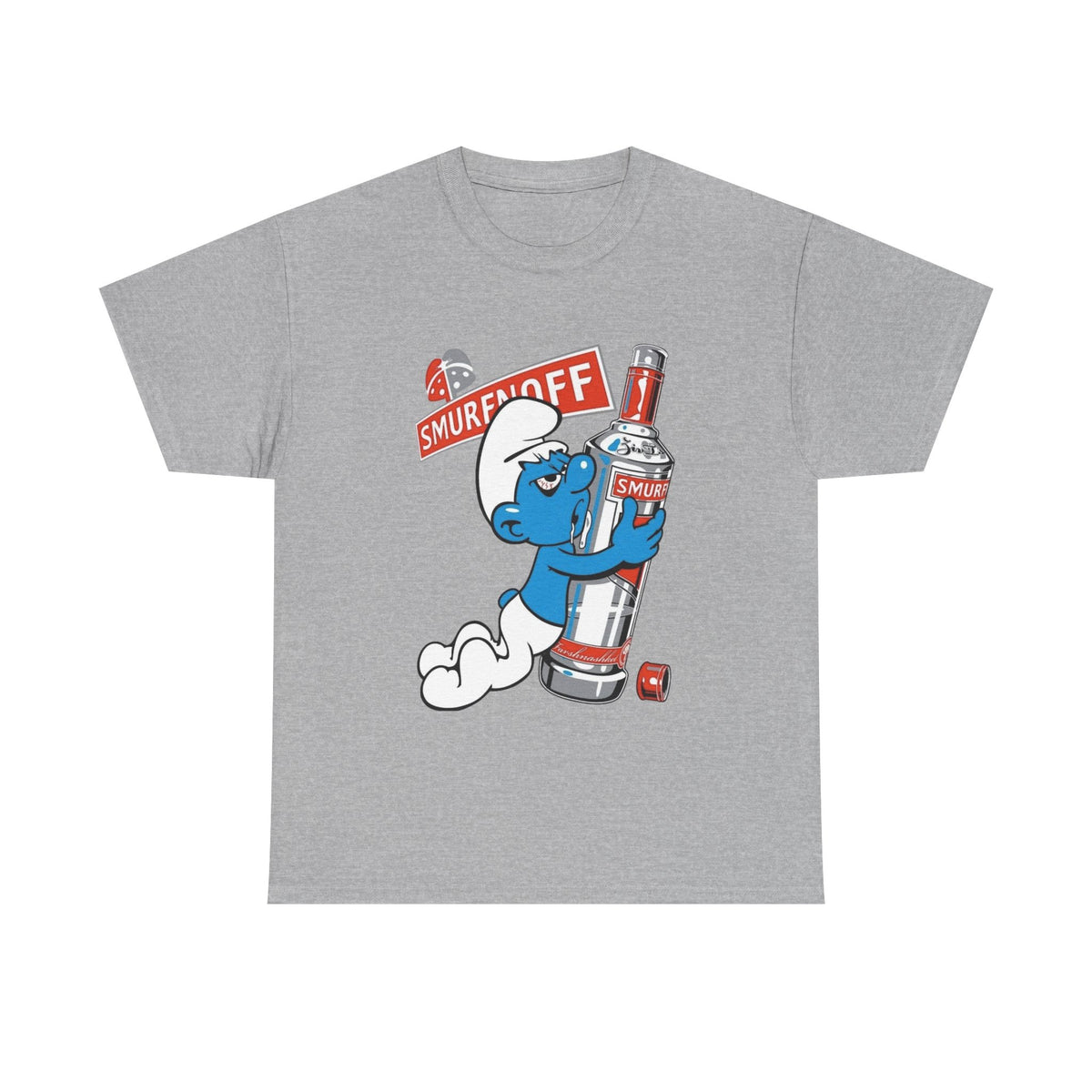 Smurf Holding Bottle Graphic Tee — "Smurf Off" Retro Cartoon T-Shirt
