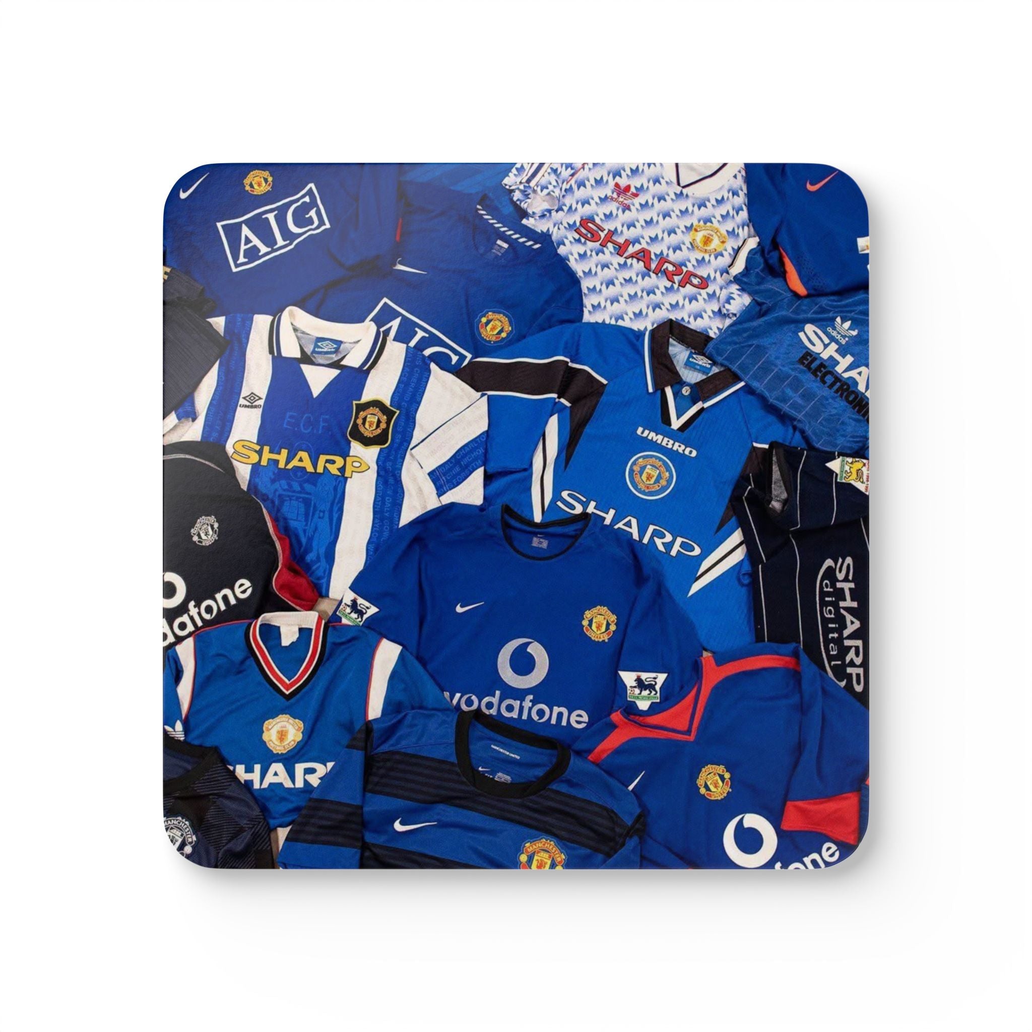 Manchester United Vintage Blue Soccer Jersey Corkwood Coaster Set – Football Memorabilia Drink Coasters (4-Pack)