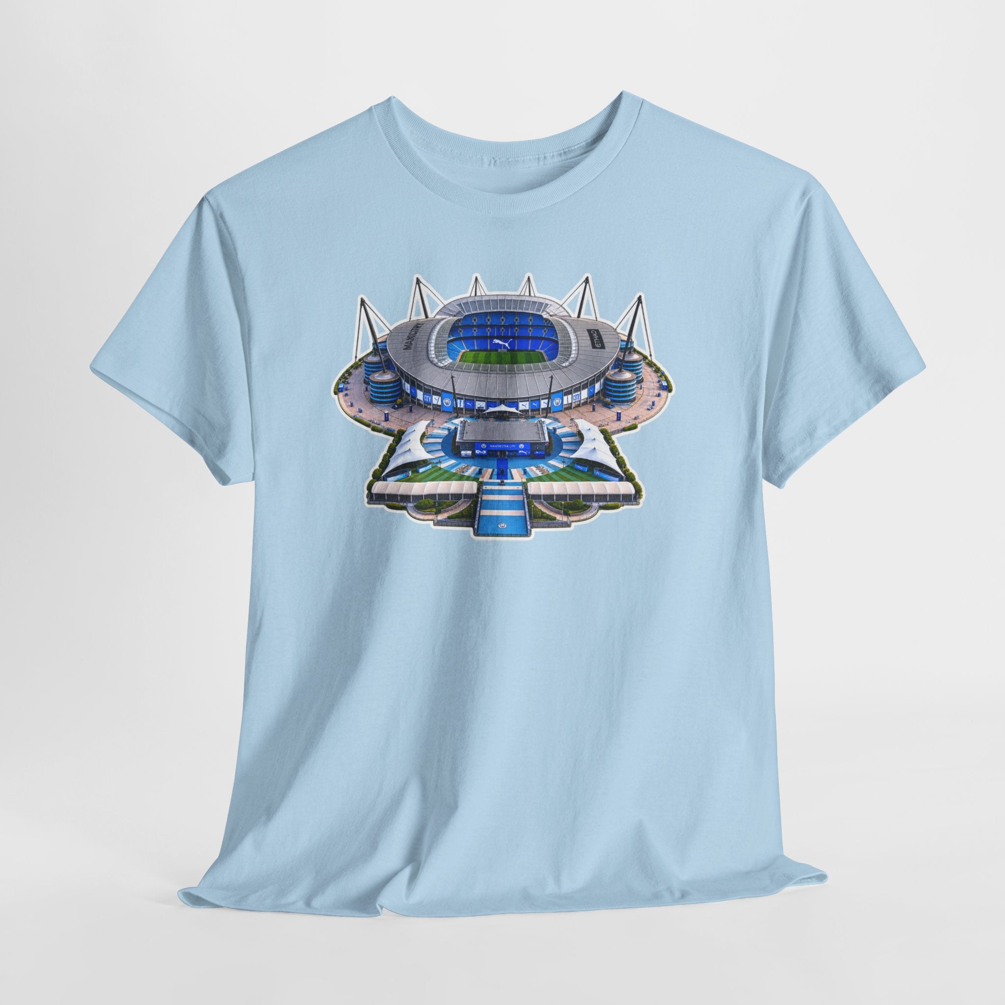 Manchester City Etihad Stadium Illustration T-Shirt — Retro Soccer Arena Graphic Tee