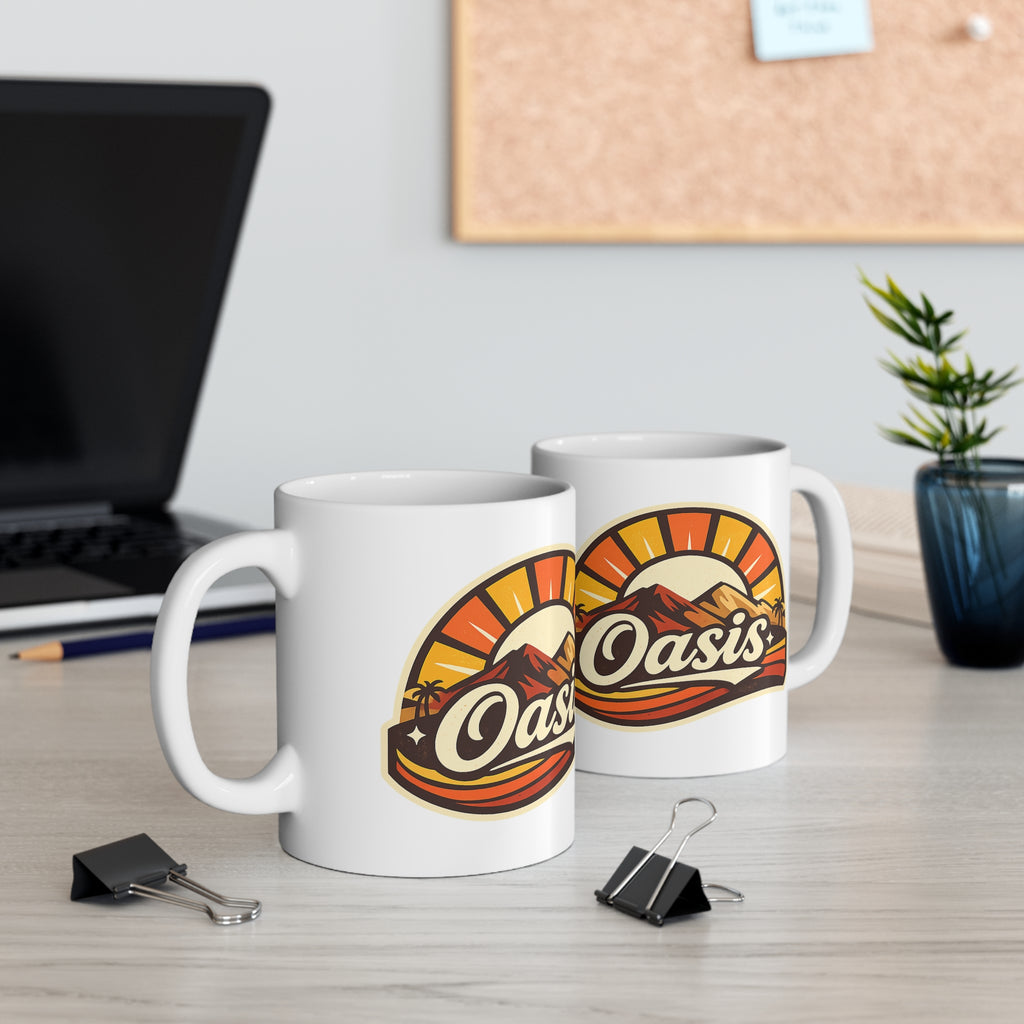 Oasis Mountain Sunrise Coffee Mug — Retro Palm Desert Ceramic Cup (11oz & 15oz)