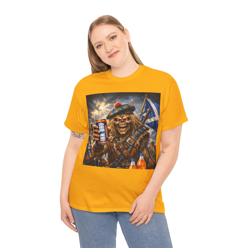 Scottish Rock Skull T‑Shirt — Eddie the Piper with Flag & Can Graphic Tee