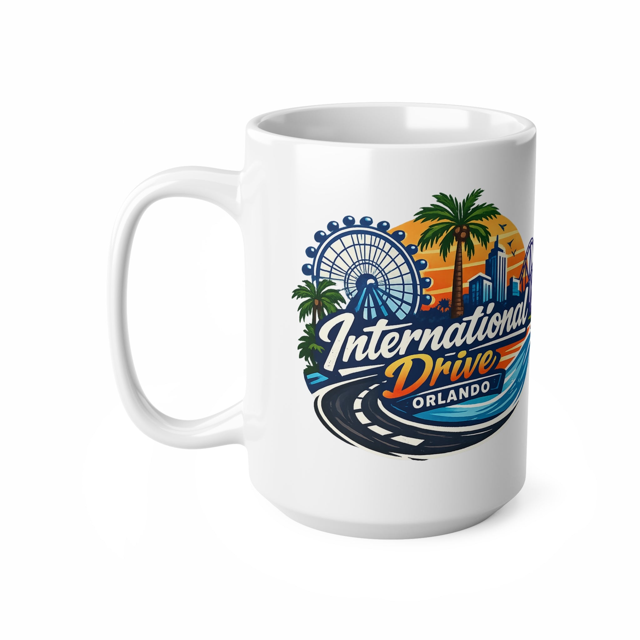 Orlando International Drive Souvenir Mug — 11oz/15oz Ceramic Coffee Cup with Ferris Wheel & Sunset Design