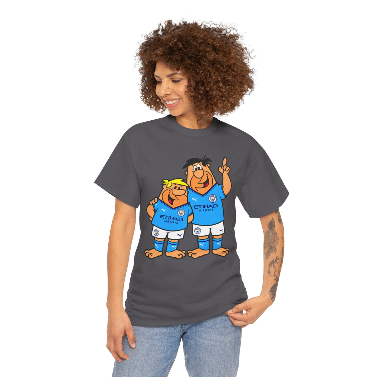 Manchester City The Flintstones Etihad Airways Cartoon Cotton T-Shirt