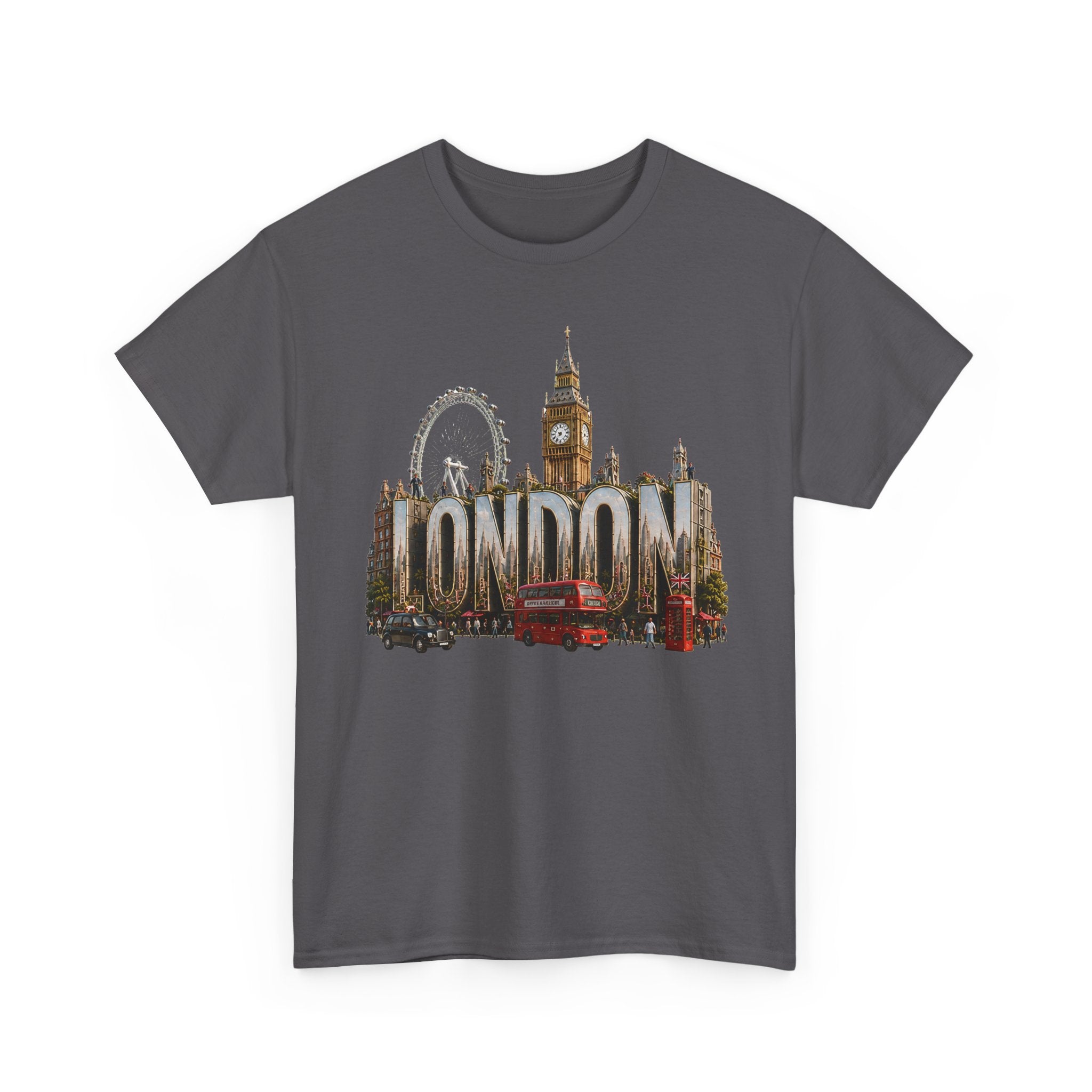 London Skyline T-Shirt — London Text with Big Ben & London Eye Graphic