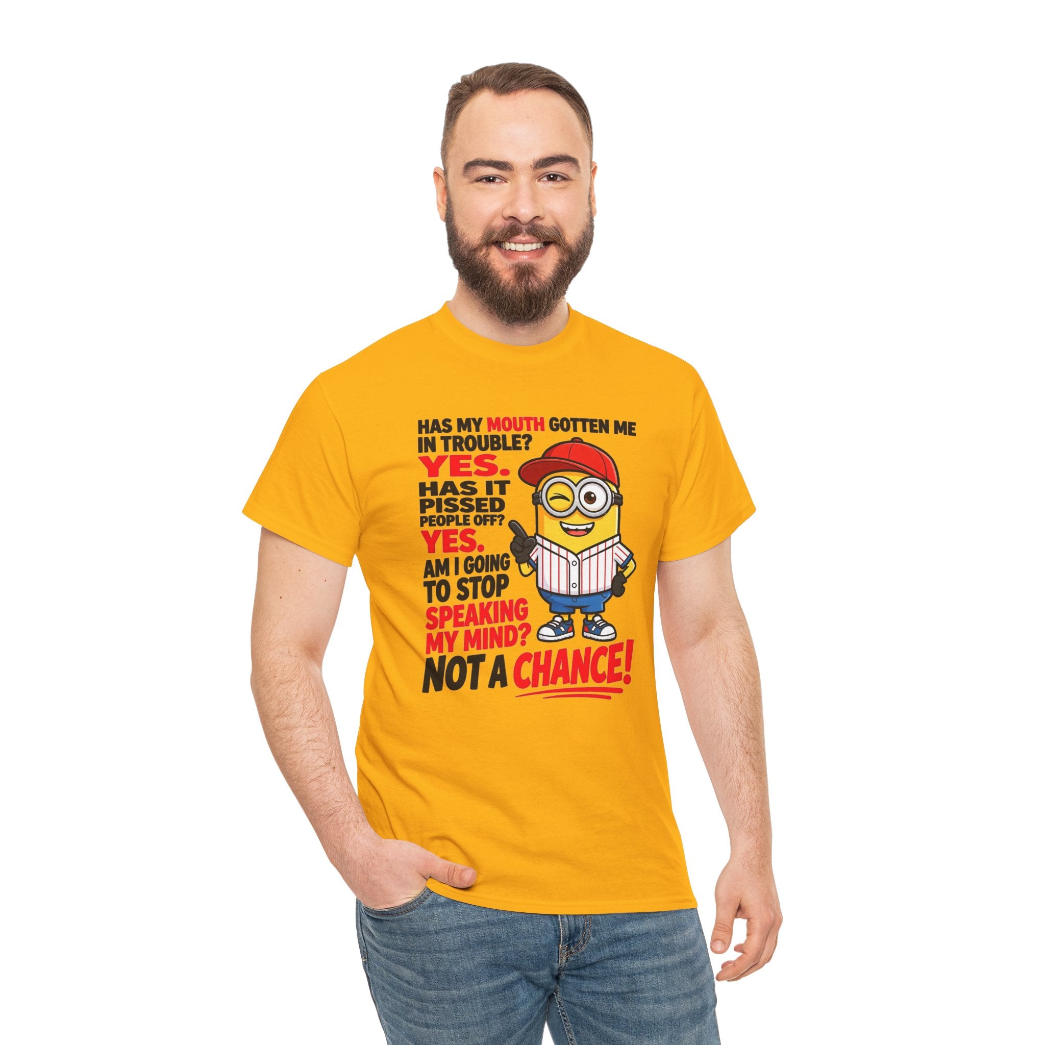 Funny Minion Shirt — "Has My Mouth Gotten Me in Trouble? Not a Chance!" Graphic Tee