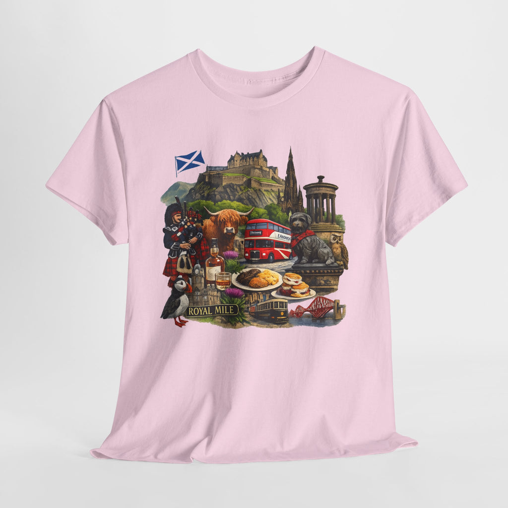 Scotland / Edinburgh Travel Collage T-Shirt — Edinburgh Castle, Bagpipes & Local Icons