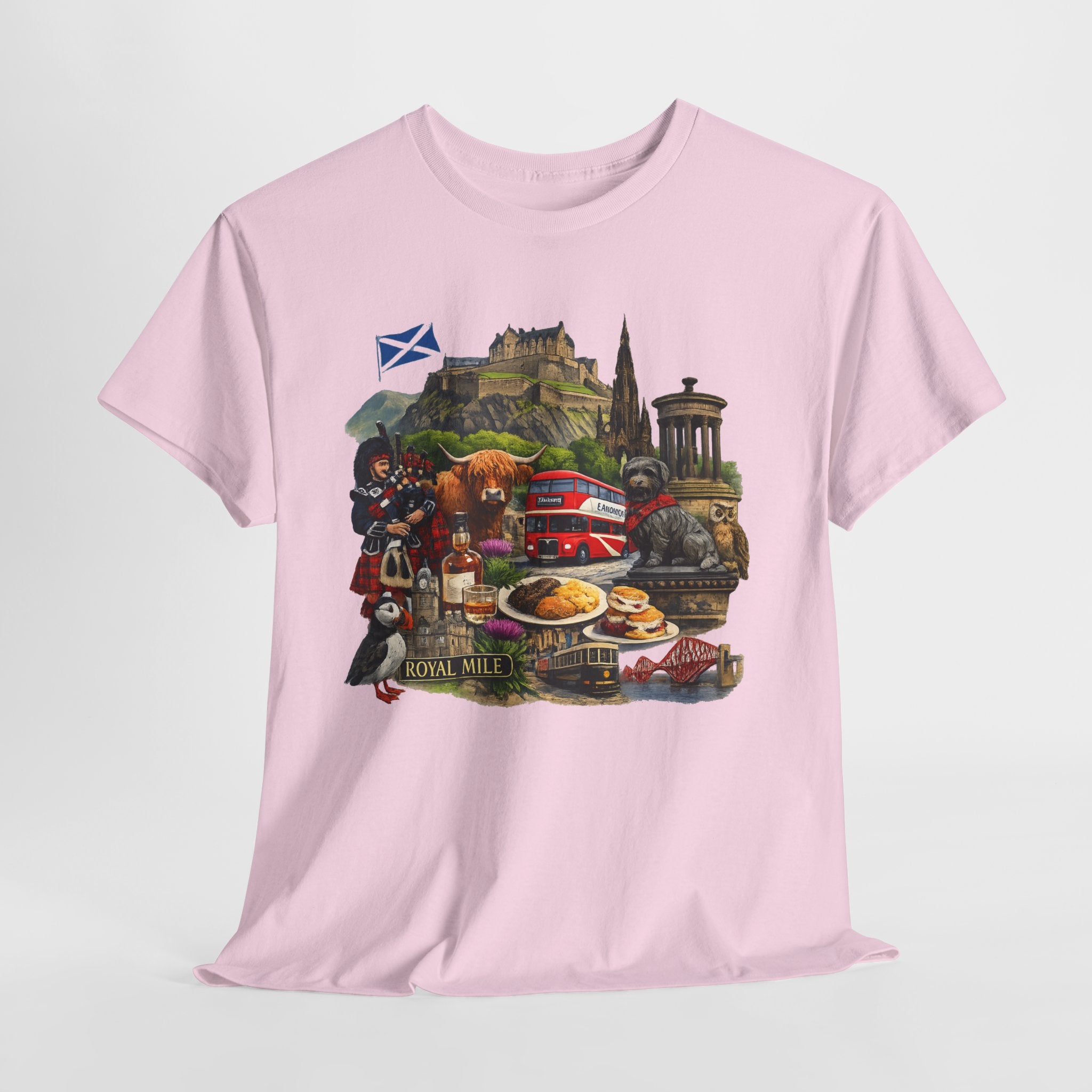 Scotland / Edinburgh Travel Collage T-Shirt — Edinburgh Castle, Bagpipes & Local Icons