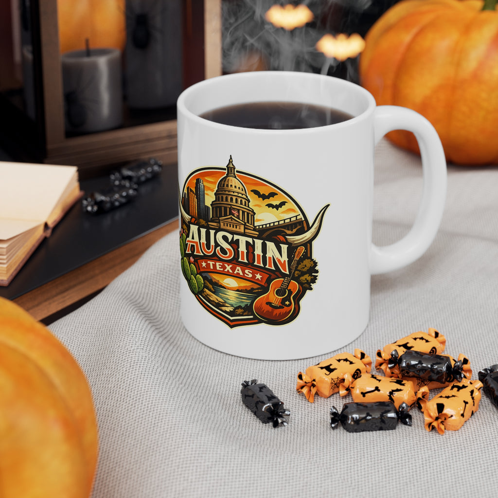 Austin Texas Coffee Mug — Vintage Capitol & Guitar Ceramic Mug (11oz/15oz)