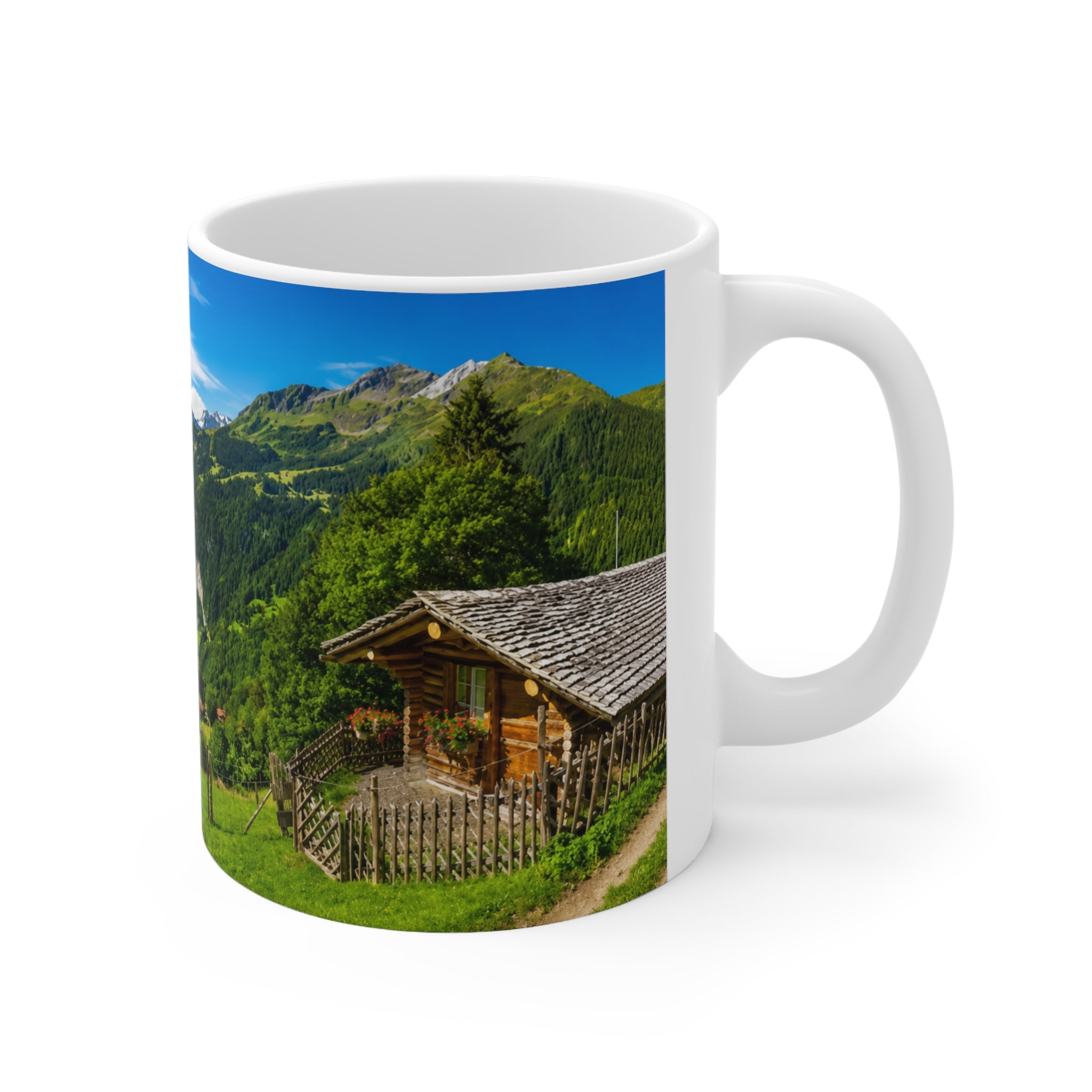 Scenic Alpine Valley Mug — Panoramic Mountain Landscape Ceramic Coffee Cup (11oz, 15oz)