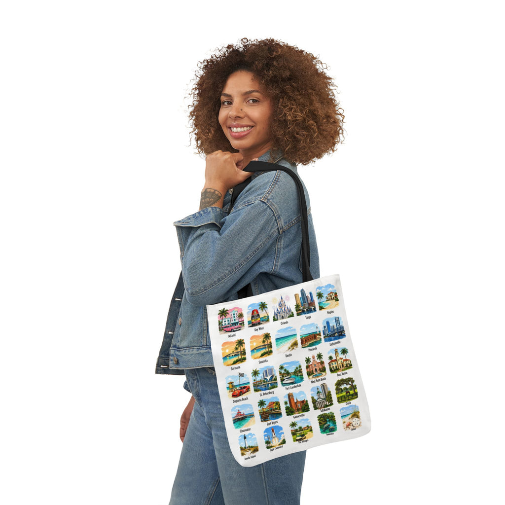 Florida City Landmark Collage Canvas Tote Bag — Vintage Travel Icons Print
