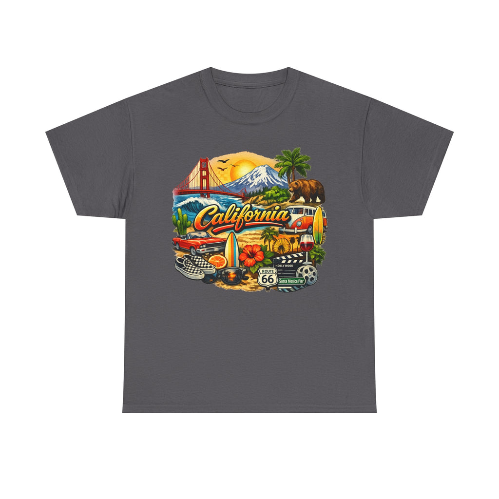 California Vintage Travel T-Shirt — Golden Gate, Palm Trees & Route 66 Tee