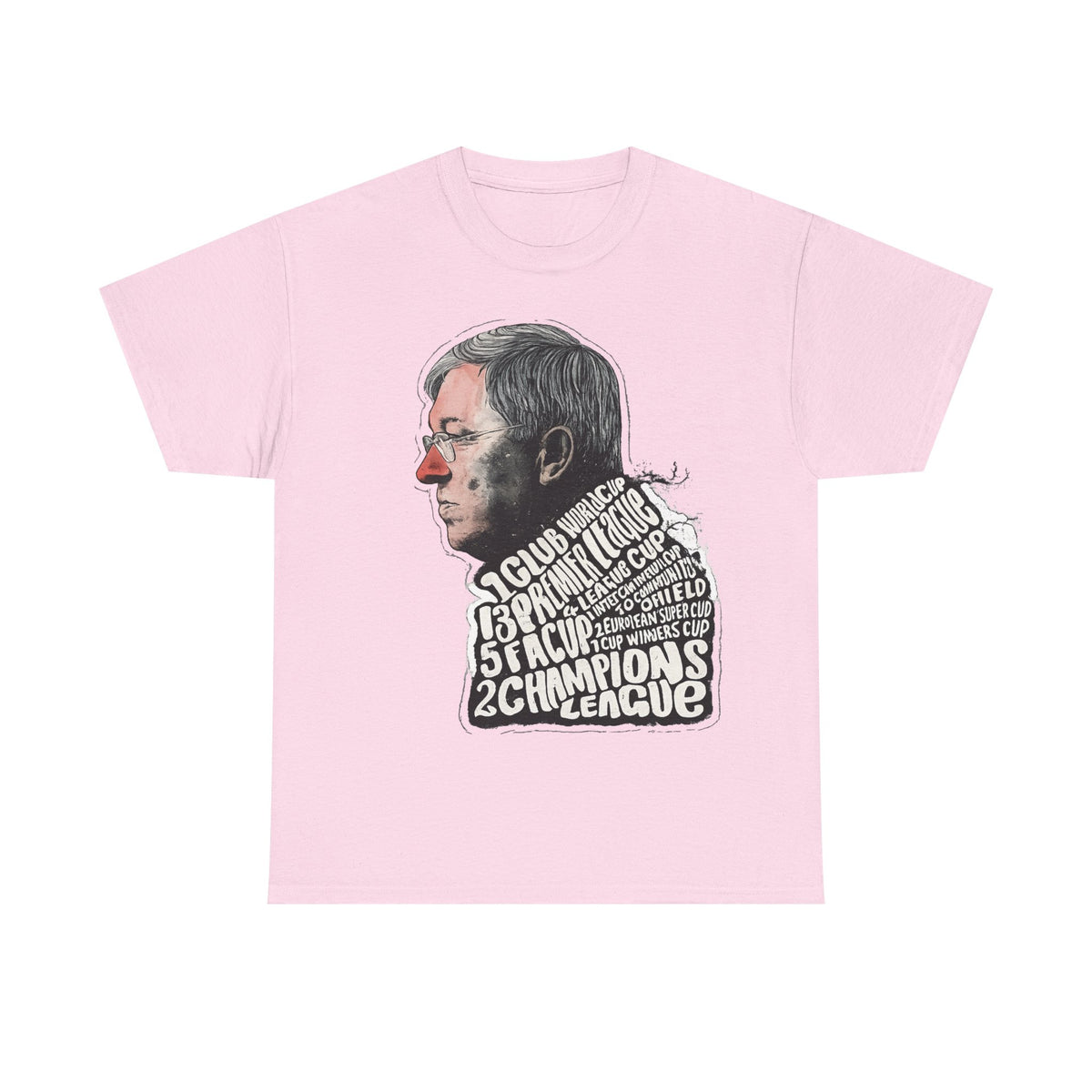 SIr Alex Ferguson Achievements Vintage Football Manager Profile Tee — Illustrated Head with Trophy Text Design