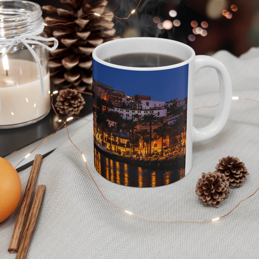 Night Harbor Cityscape Mug — Coastal Italy Evening Panorama Ceramic Coffee Cup (11oz, 15oz)