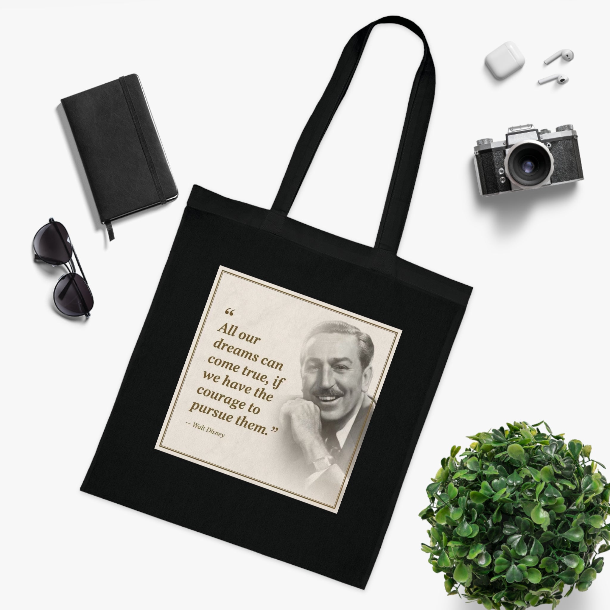 Walt Disney Quote Cotton Tote — "All our dreams can come true" Inspirational Canvas Bag
