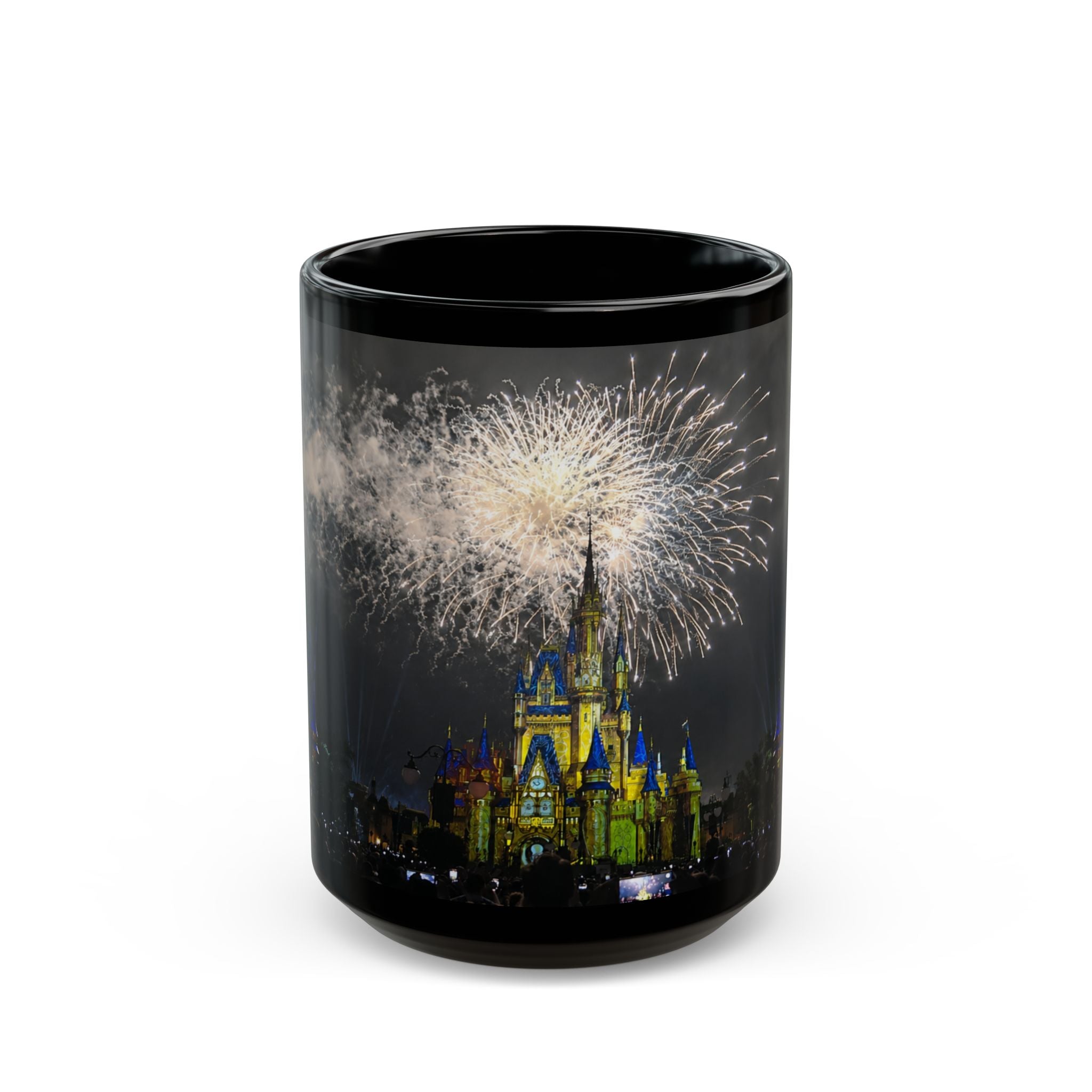 Fireworks MK Castle Black Mug — Nighttime Theme Park Coffee Cup (11oz/15oz)