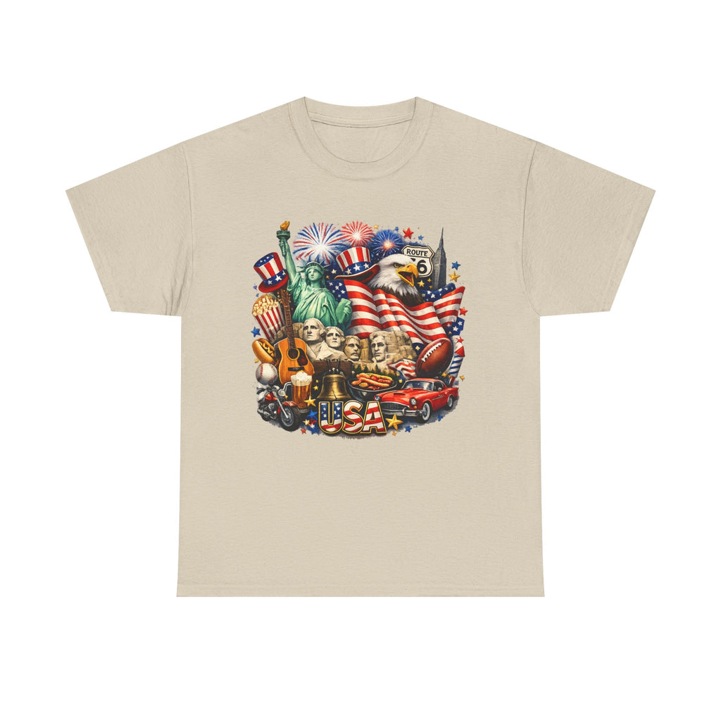Patriotic USA Graphic Tee – American Flag, Statue of Liberty & Fireworks T-Shirt