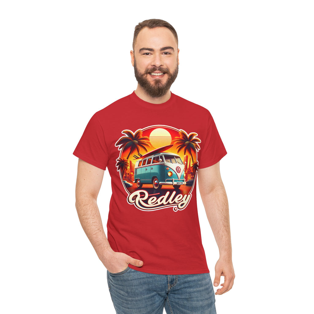 Vintage Surf Van T-Shirt – Retro Beach Sunset Tee with 'Redley' Script