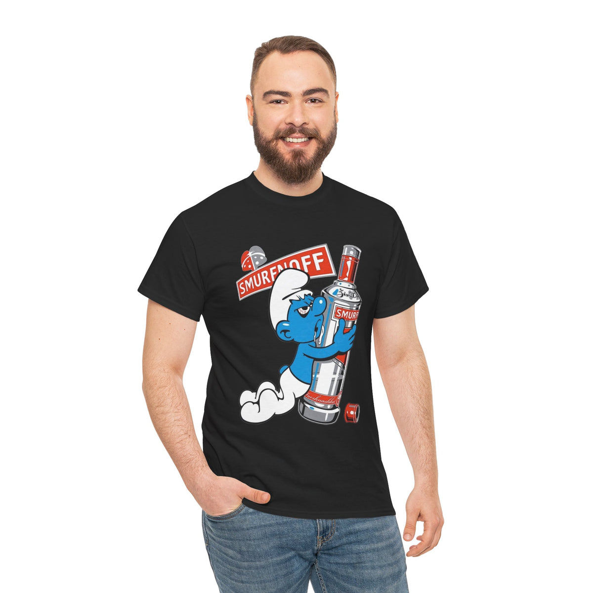 Smurf Holding Bottle Graphic Tee — "Smurf Off" Retro Cartoon T-Shirt
