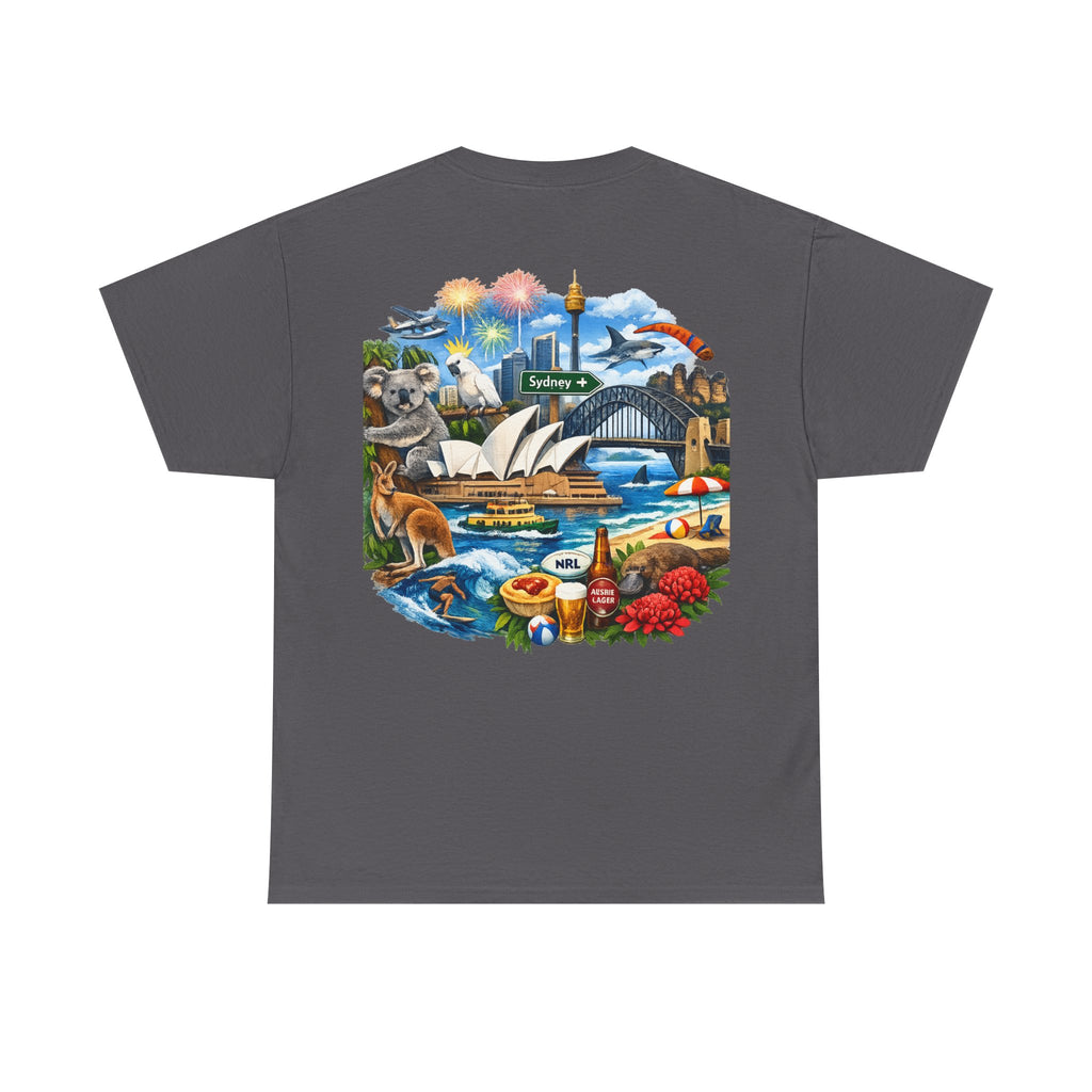T-Shirt — Sydney Landmark Collage Tee (Opera House, Harbour Bridge, Koala & Beach Scene)