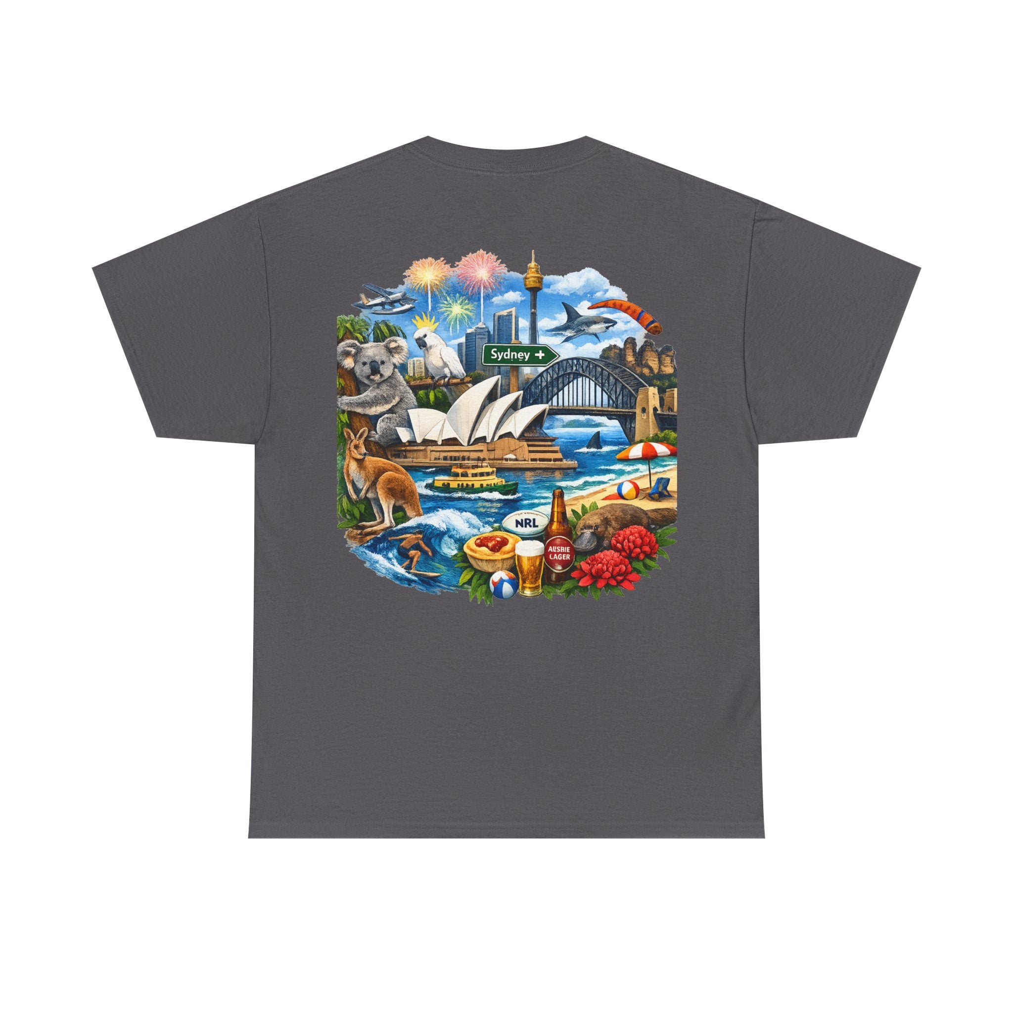 T-Shirt — Sydney Landmark Collage Tee (Opera House, Harbour Bridge, Koala & Beach Scene)