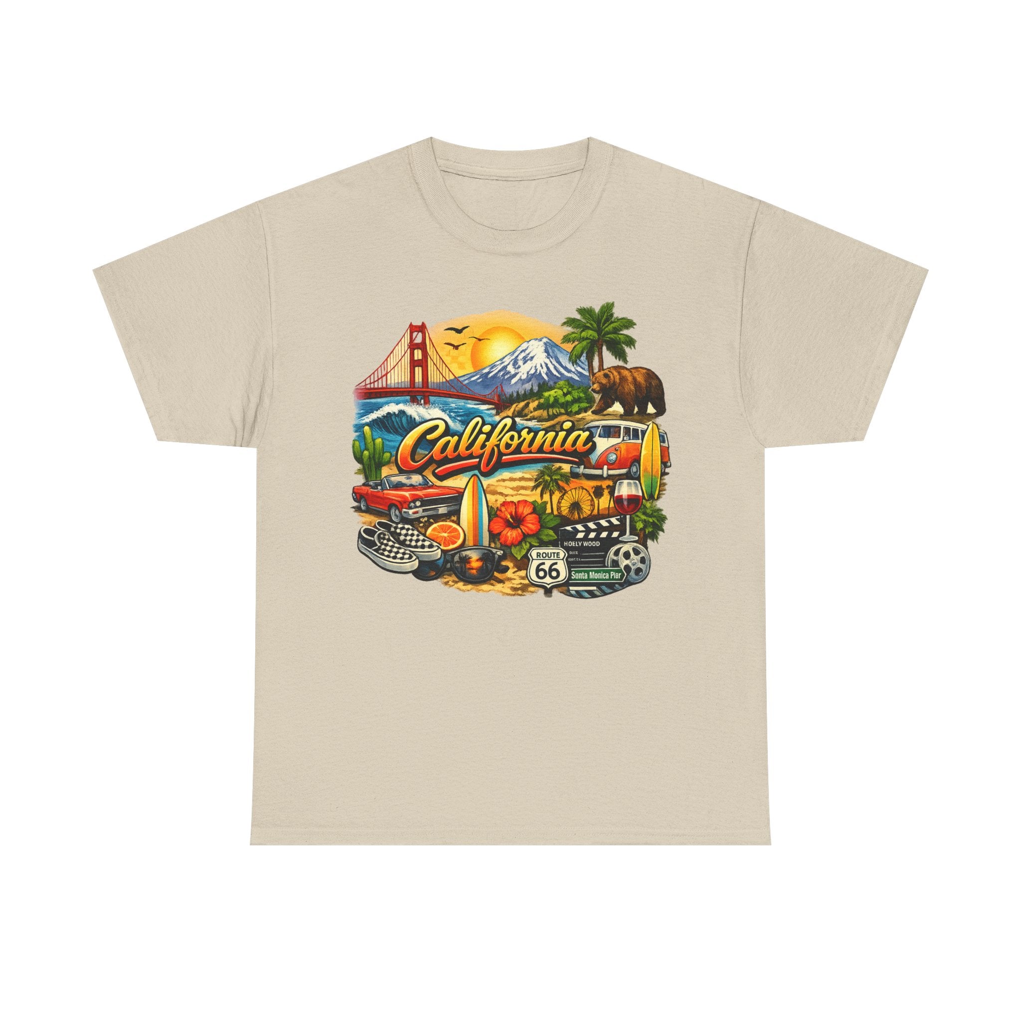 California Vintage Travel T-Shirt — Golden Gate, Palm Trees & Route 66 Tee