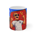 England Football Fan Mug — Celebratory Soccer Player Illustration, Ceramic 11oz & 15oz