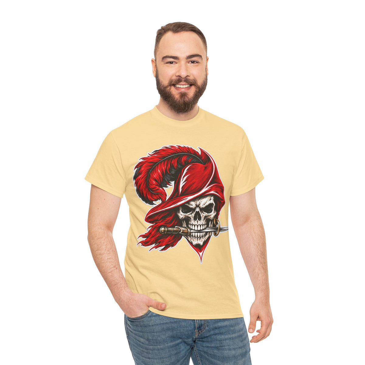 Skull Pirate Tee — Red Feathered Bandana Skull T‑Shirt