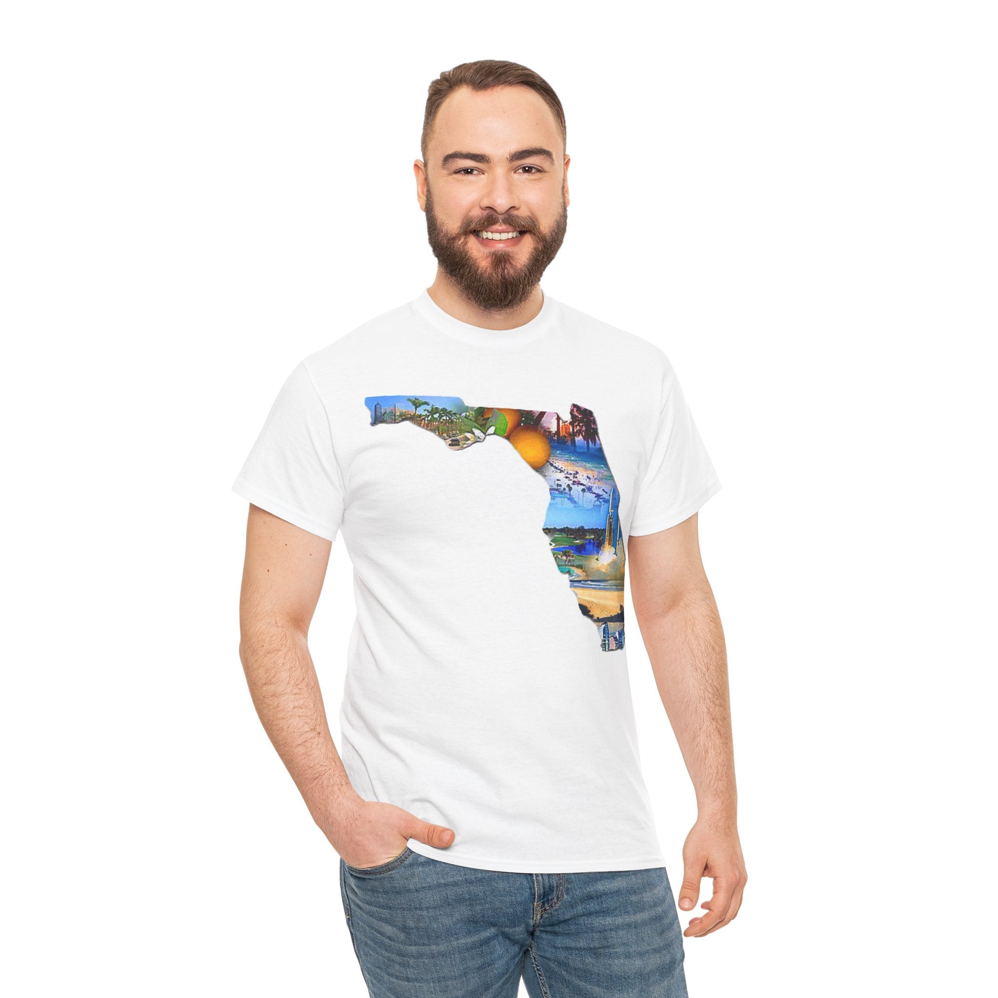 Florida State Shape T-Shirt — Scenic Beach & Sunset Map Tee
