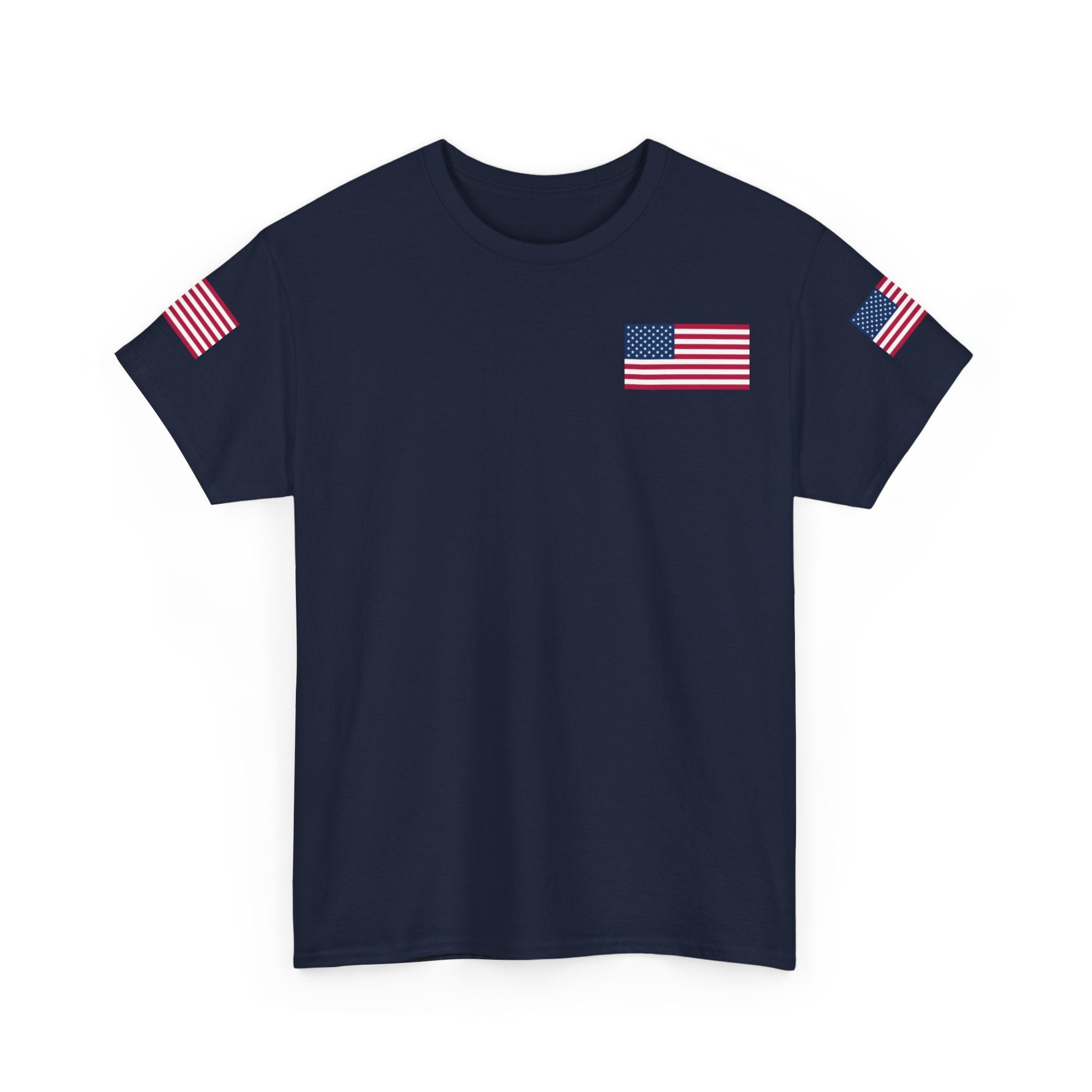 Team USA Flag T‑Shirt — Patriotic Navy Tee with Back Shield Logo