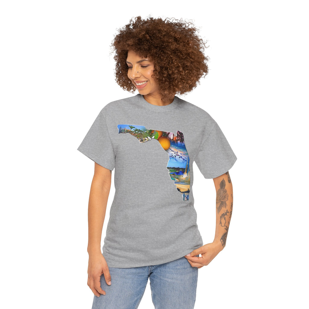 Florida State Shape T-Shirt — Scenic Beach & Sunset Map Tee