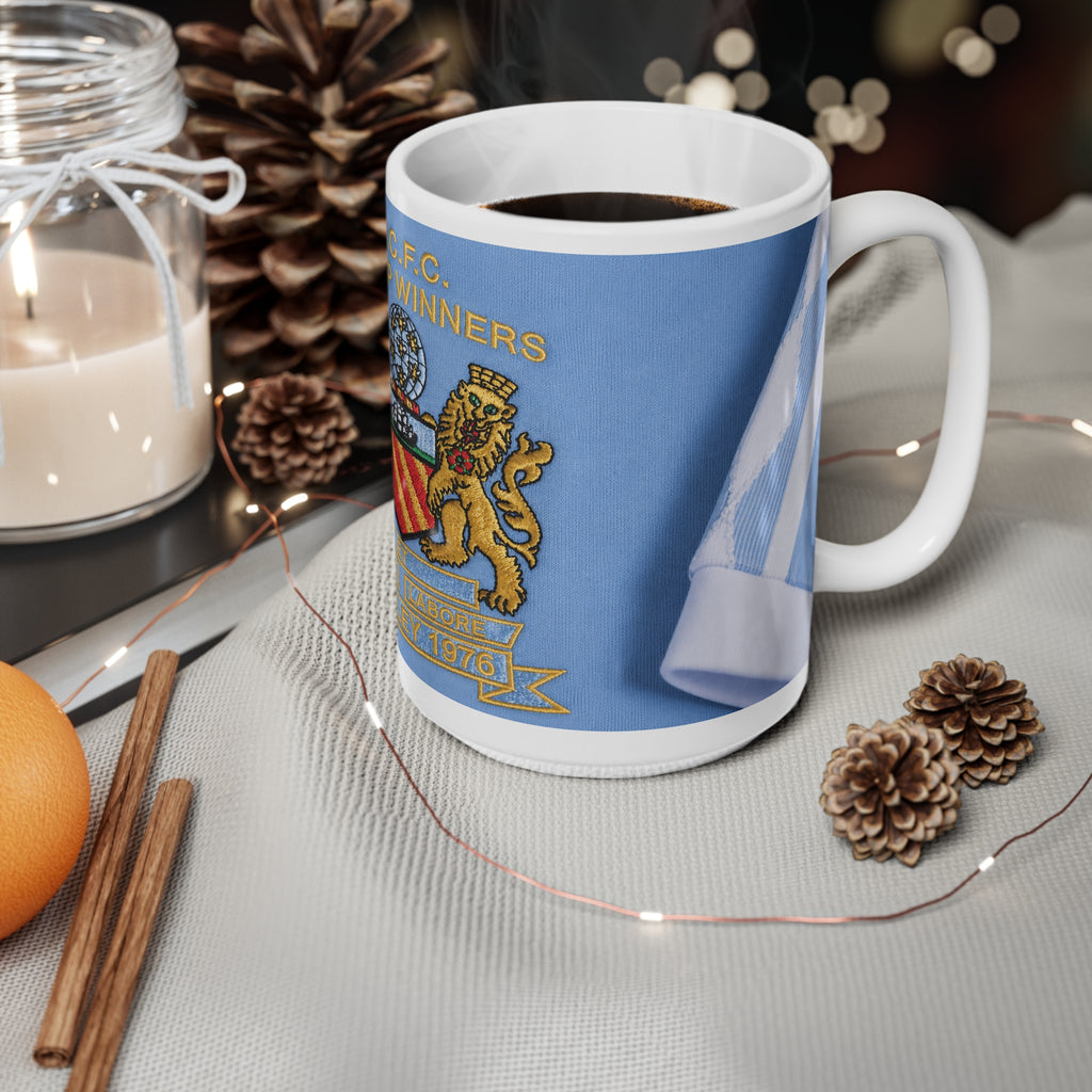 Manchester City Football Club Crest Mug — 'M.C.F.C. F.L. Cup Winners 1976' Ceramic Coffee Cup (11oz, 15oz)