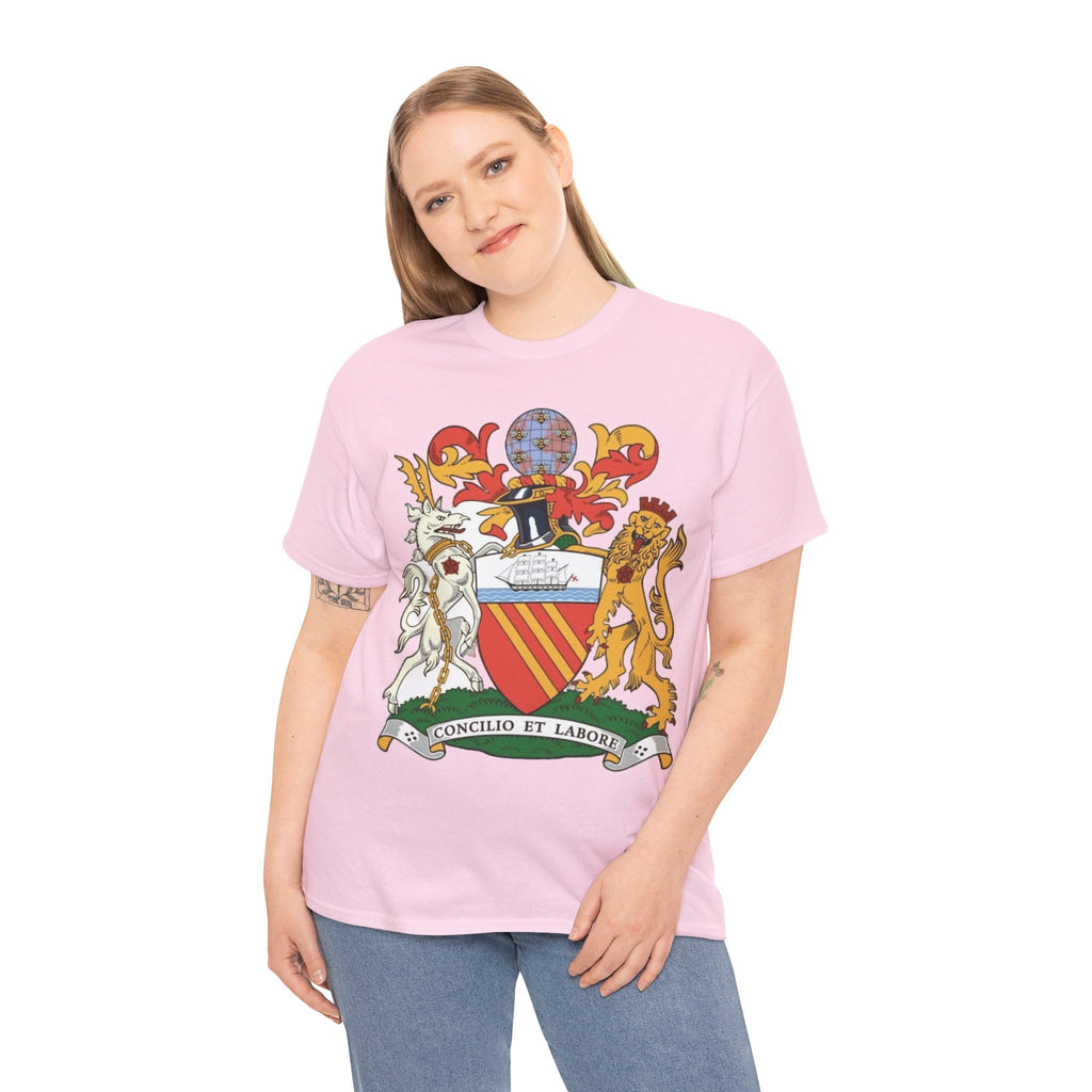 Manchester Coat of Arms Crest T‑Shirt — Heraldic Family Shield Tee with 'Concilio et Labore' Banner