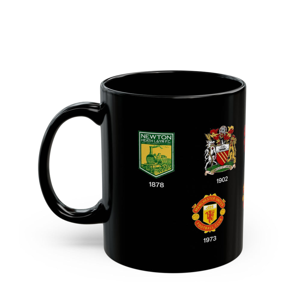 Manchester United History Logo Mug — Vintage Crest Timeline Coffee Cup (11oz/15oz)