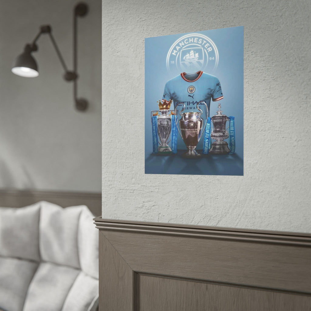 Manchester City Treble Trophies Poster — Rolled Football Wall Art