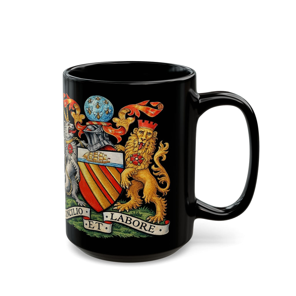 Manchester Coat of Arms Crest Mug — 'Concilio et Labore' Black Coffee Cup