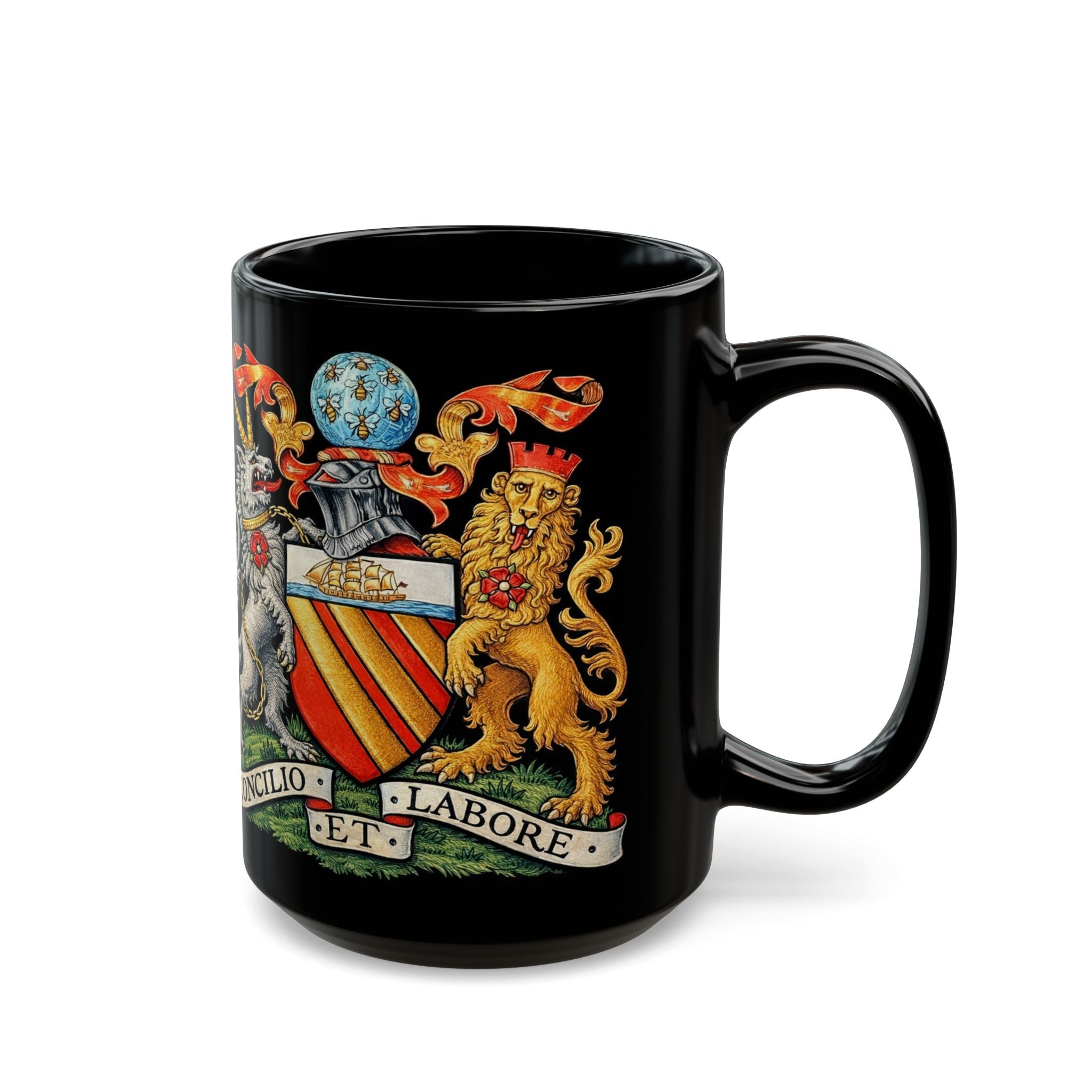 Manchester Coat of Arms Crest Mug — 'Concilio et Labore' Black Coffee Cup