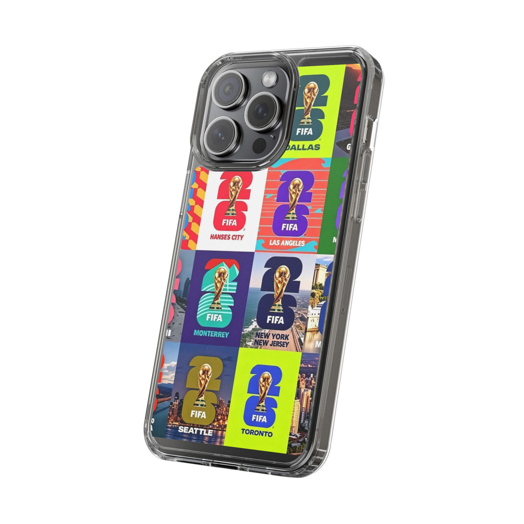 FIFA World Cup Pop Art Clear Phone Case — City Badge Collage (Dallas, LA, Monterrey, Toronto, Seattle)