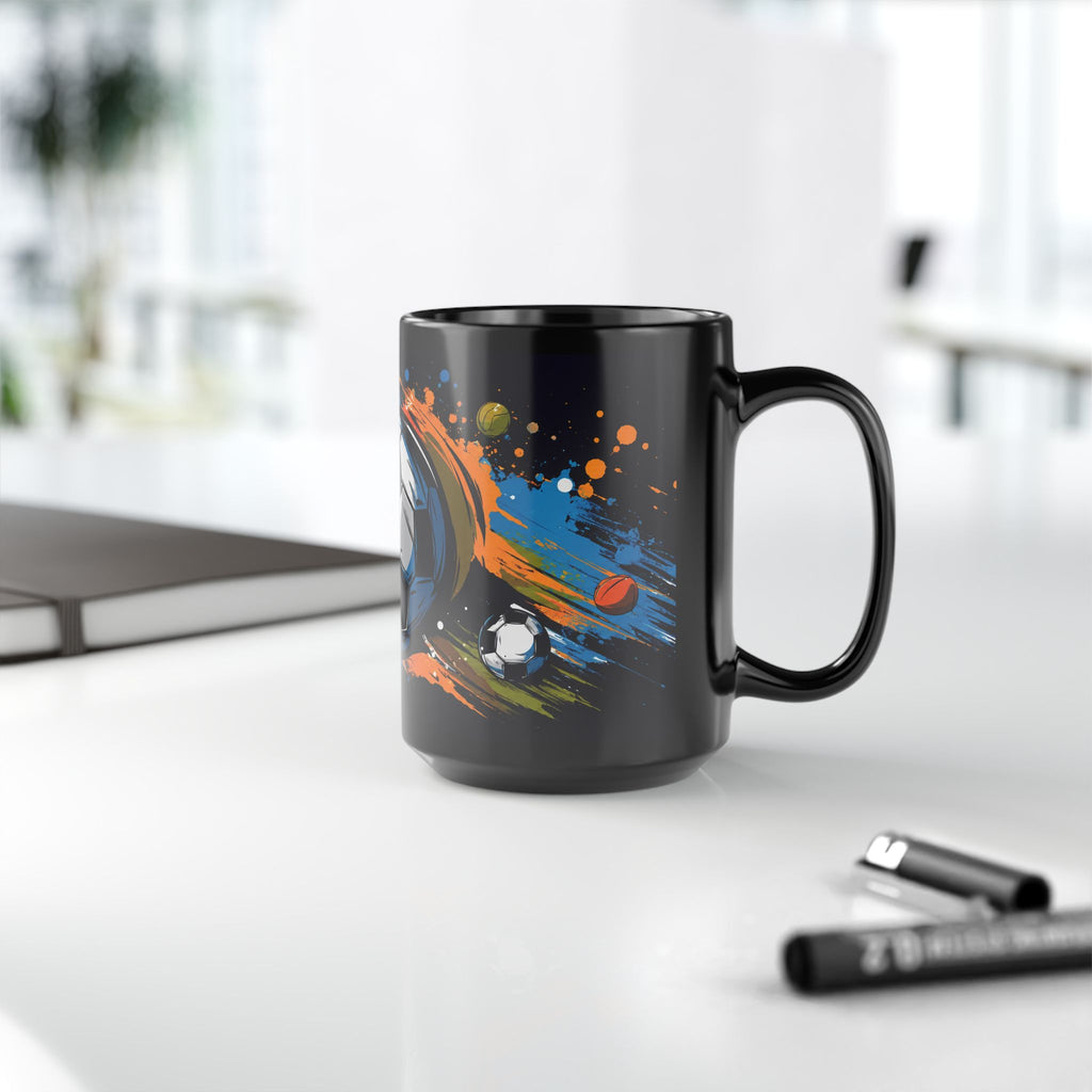 Soccer Splash Black Mug (11oz & 15oz) – Colorful Football Design for Fans & Coaches