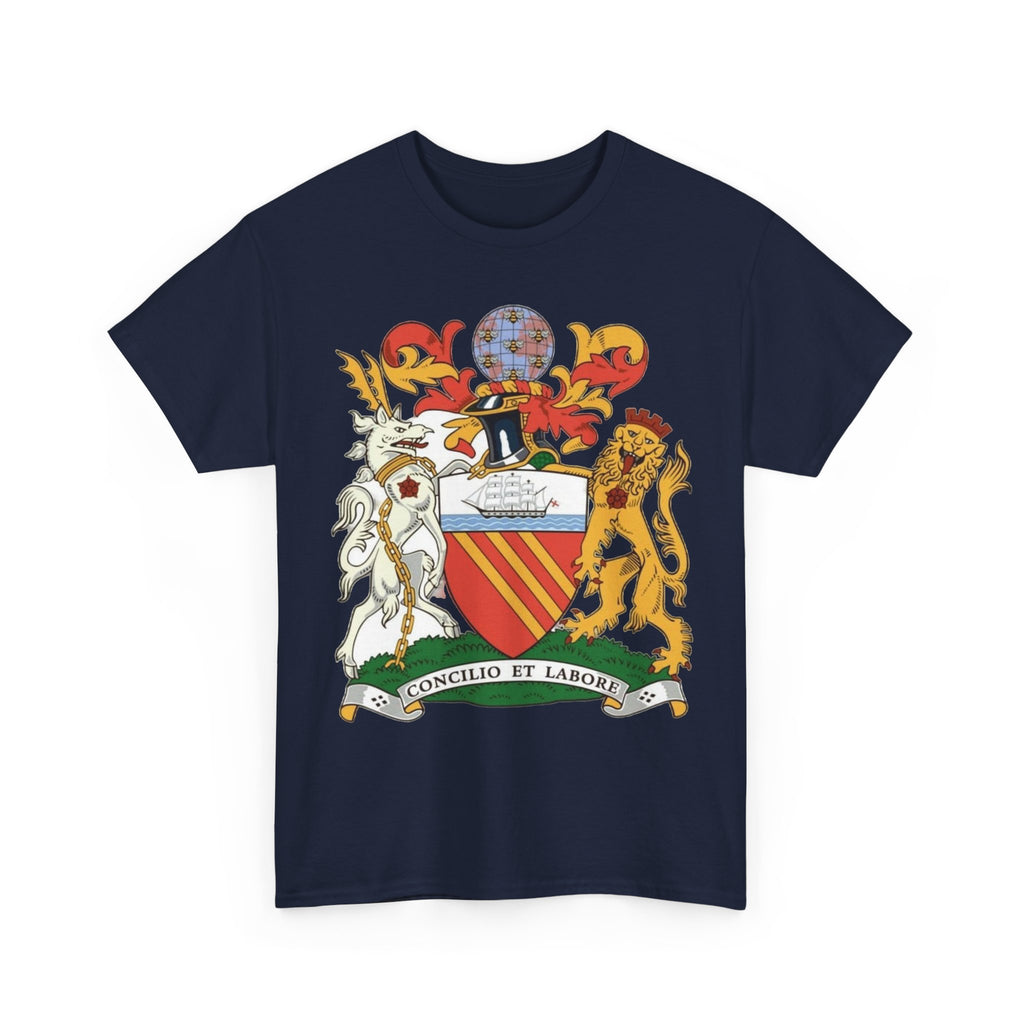 Manchester Coat of Arms Crest T‑Shirt — Heraldic Family Shield Tee with 'Concilio et Labore' Banner