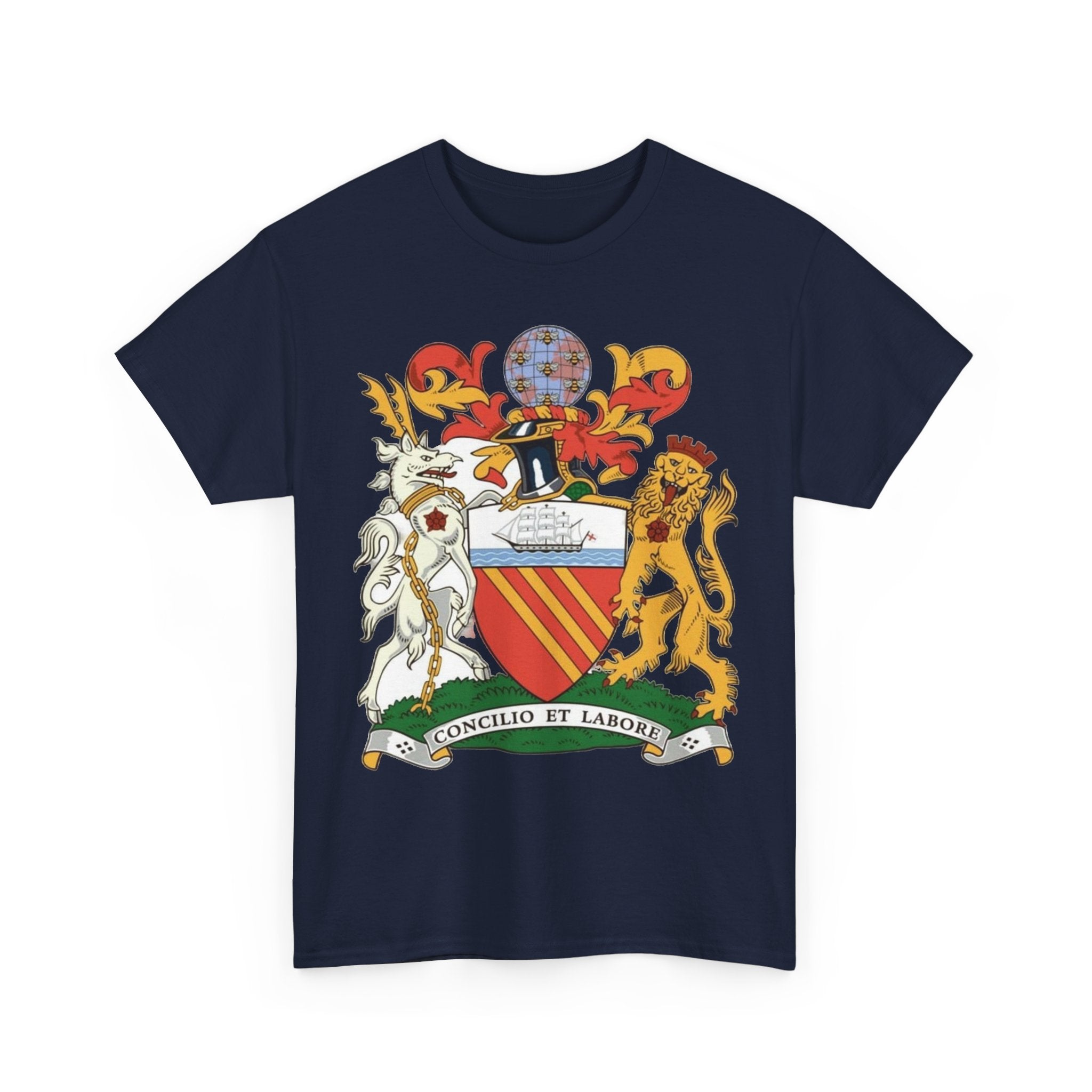 Manchester Coat of Arms Crest T‑Shirt — Heraldic Family Shield Tee with 'Concilio et Labore' Banner