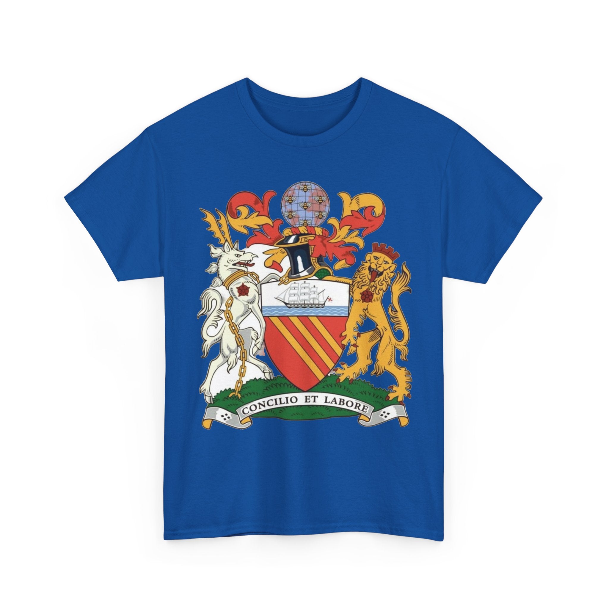 Manchester Coat of Arms Crest T‑Shirt — Heraldic Family Shield Tee with 'Concilio et Labore' Banner