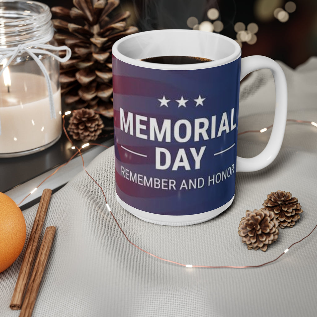 Memorial Day Ceramic Coffee Mug – American Flag “Remember and Honor” 11oz/15oz