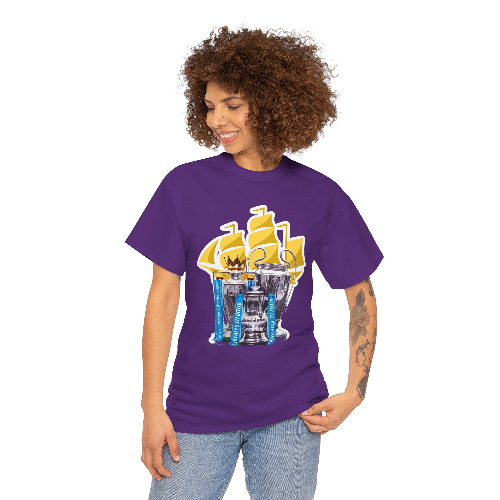 Manchester City Champions Trophy Tee – Golden Cups & Blue Scarves Football Fan Shirt