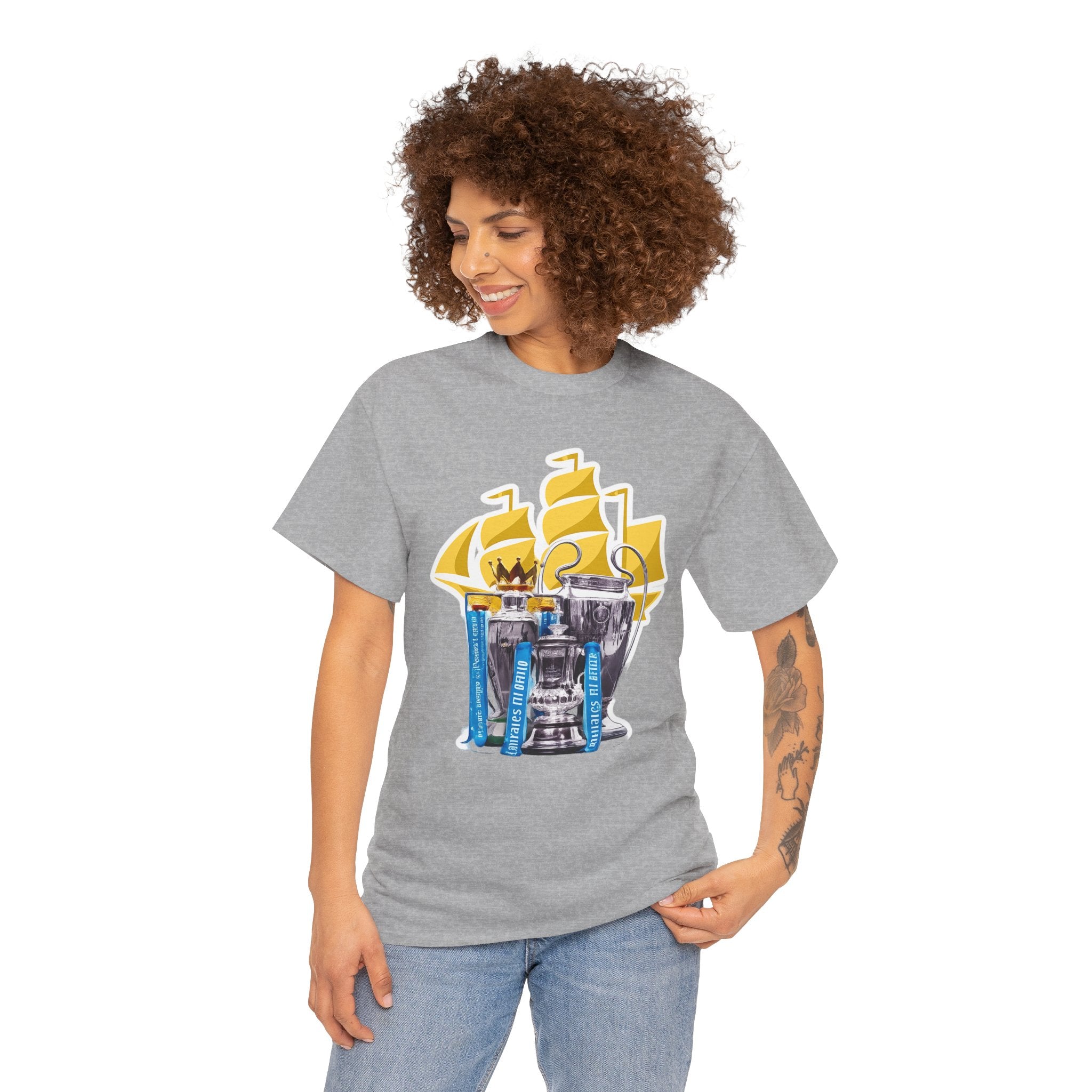Manchester City Champions Trophy Tee – Golden Cups & Blue Scarves Football Fan Shirt