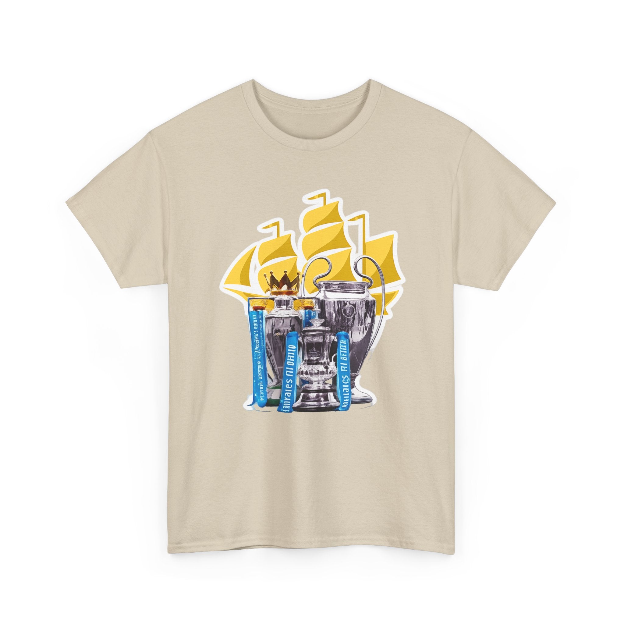 Manchester City Champions Trophy Tee – Golden Cups & Blue Scarves Football Fan Shirt