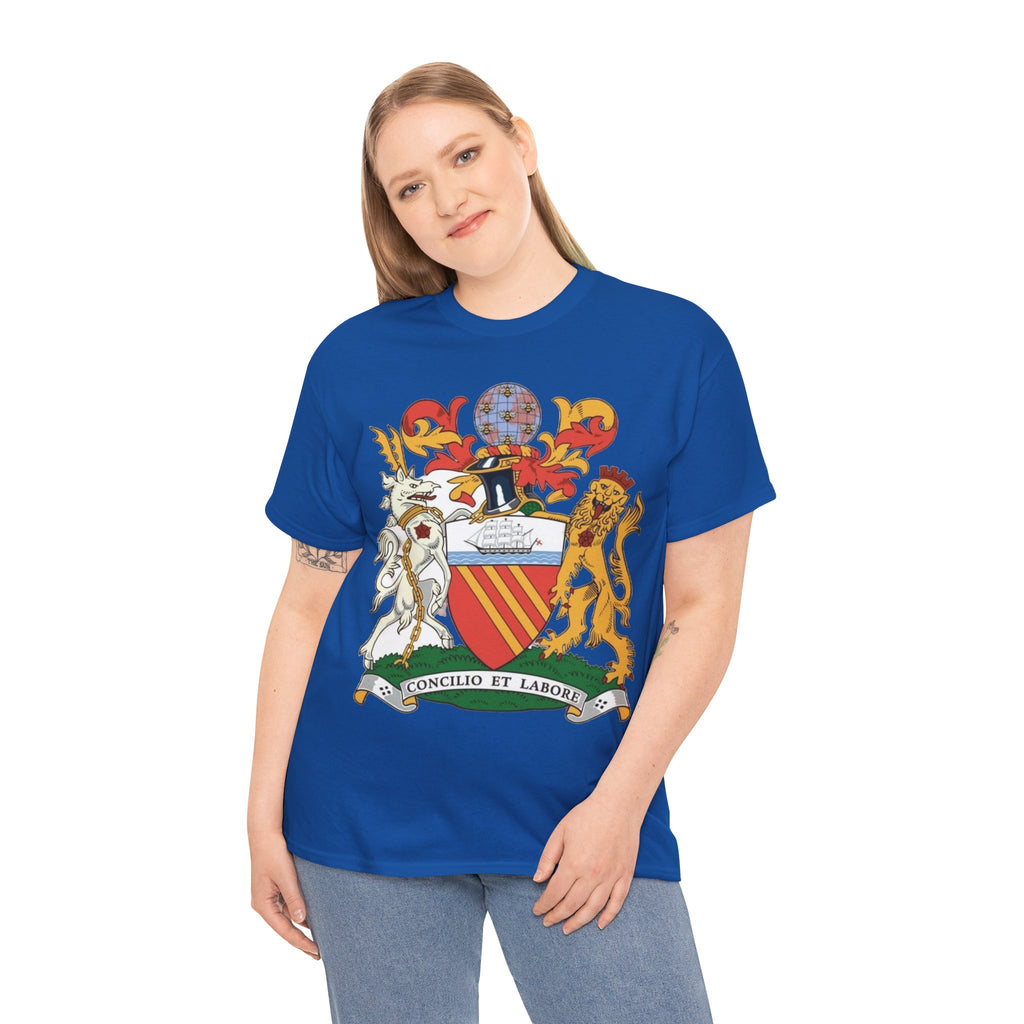Manchester Coat of Arms Crest T‑Shirt — Heraldic Family Shield Tee with 'Concilio et Labore' Banner
