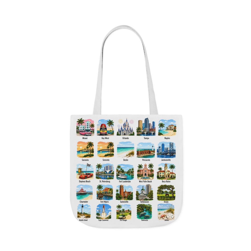 Florida City Landmark Collage Canvas Tote Bag — Vintage Travel Icons Print