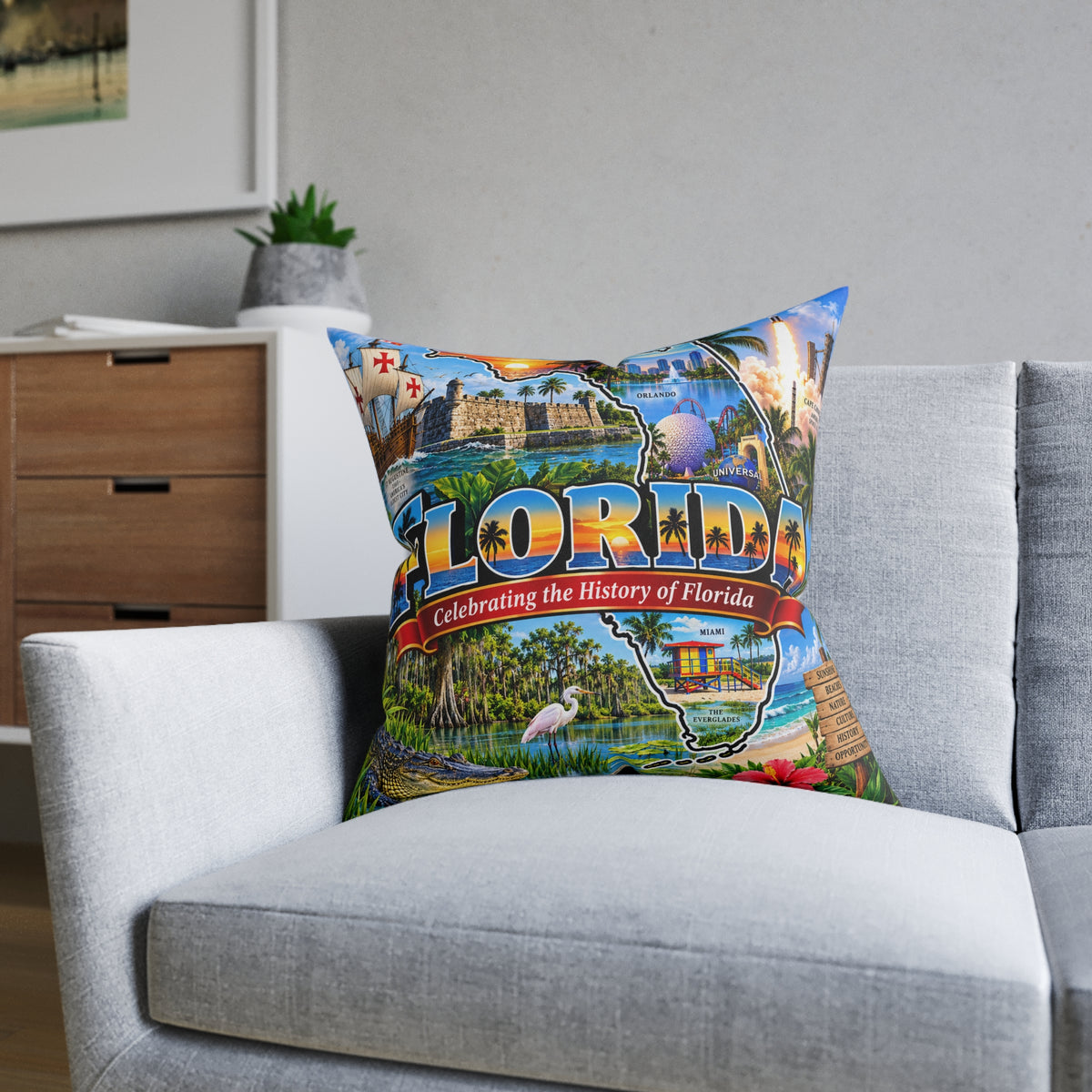 Florida Map Square Pillow — Vintage Travel State Throw Pillow