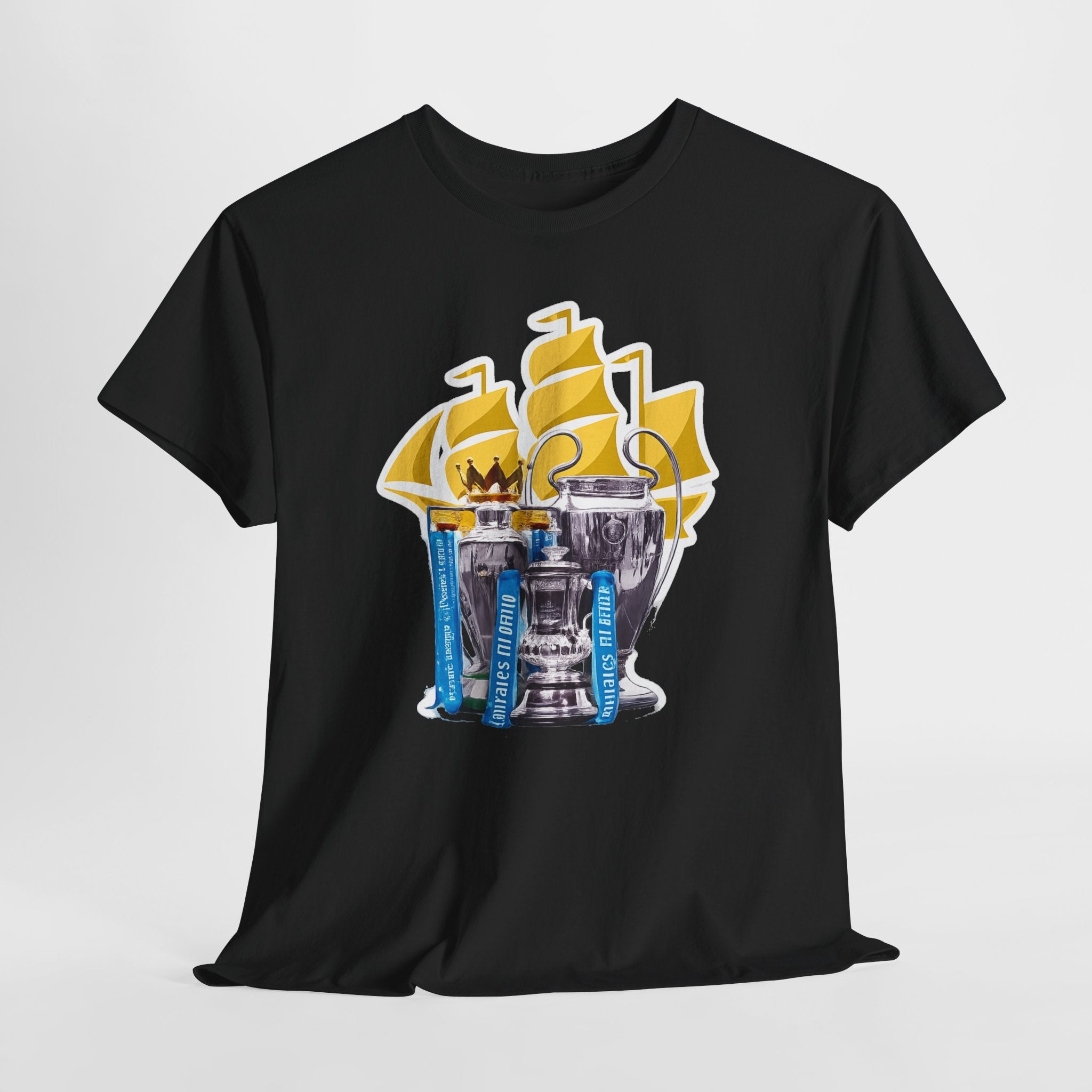 Manchester City Champions Trophy Tee – Golden Cups & Blue Scarves Football Fan Shirt
